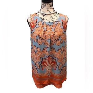 Rose & Olive Large Orange and Blue Paisley Floral Sleeveless Top Lined Tiered